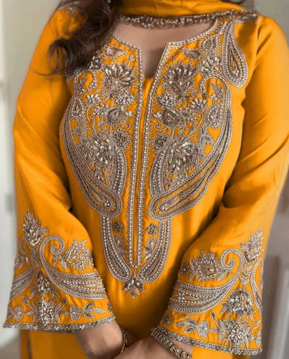Pure Chinon Silk Sequence Silver Embroidery work Party Wear Kurti Pant Dupatta Set (Stitched) Ethenika.com