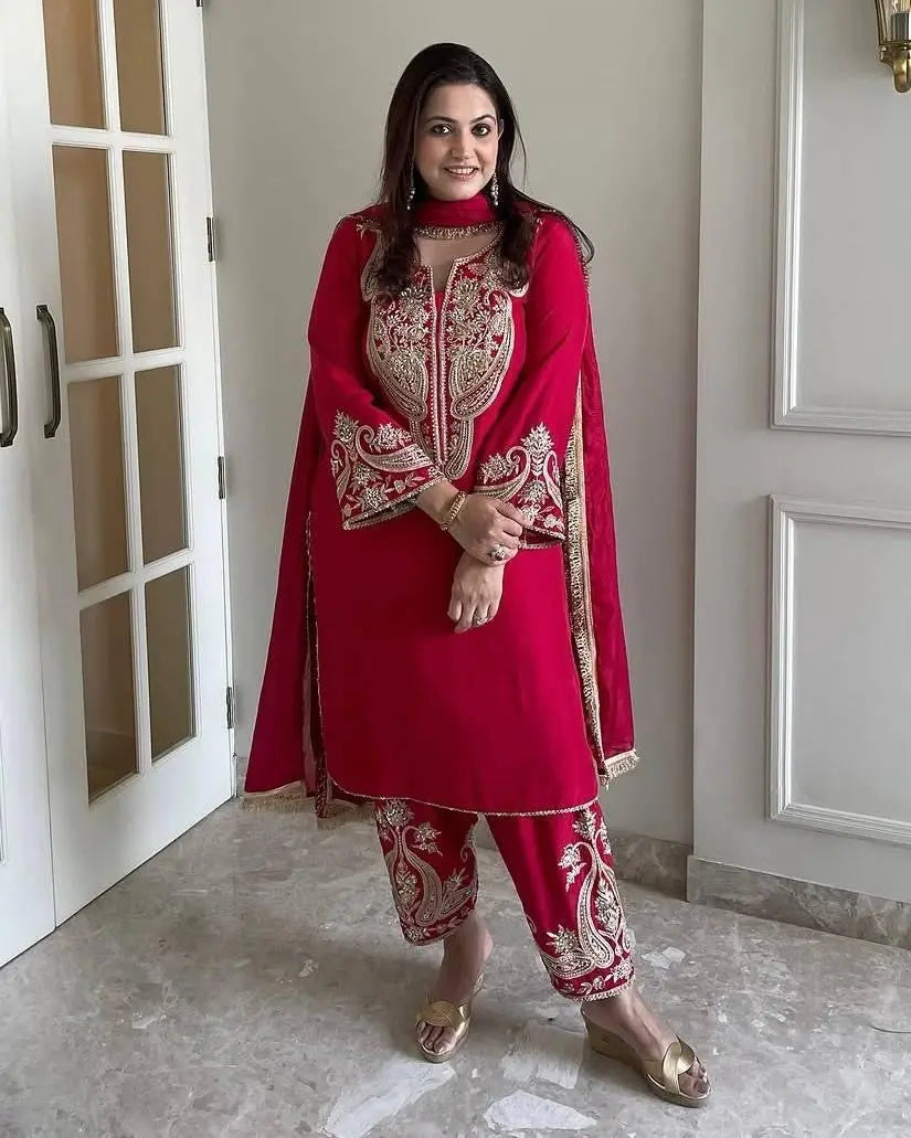 Pure Chinon Silk Sequence Silver Embroidery work Party Wear Kurti Pant Dupatta Set (Stitched) Ethenika.com