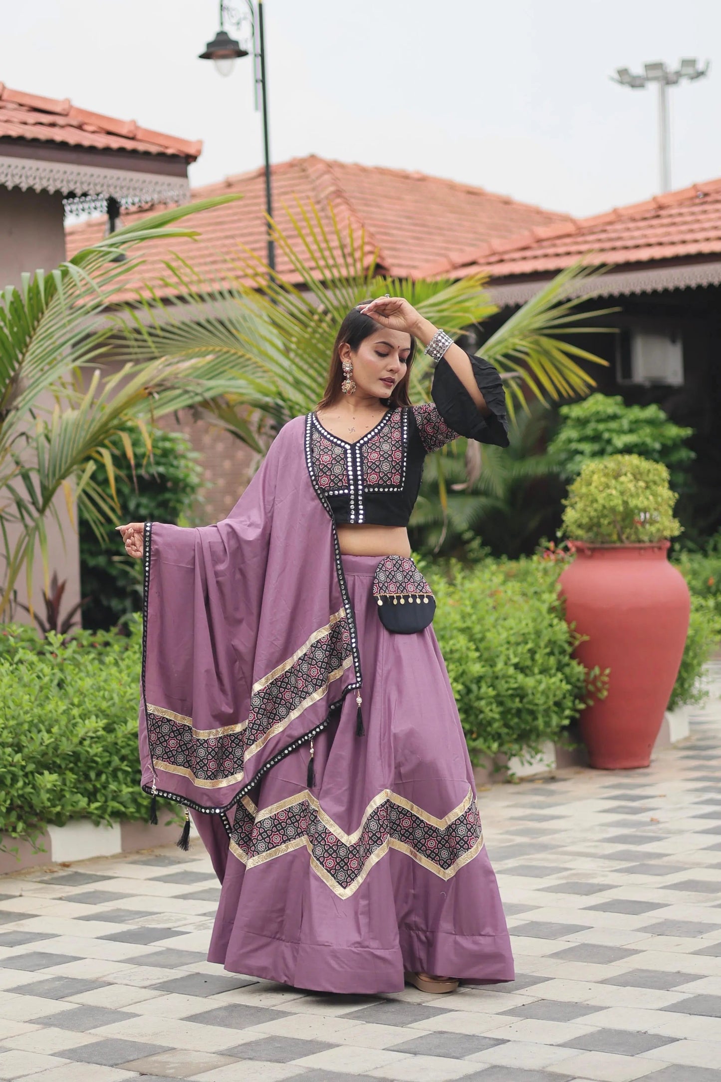 Pure Cotton Ajrakh Print with Mirror work Navratri Special Chaniya Choli (Ready to Wear) Ethenika.com