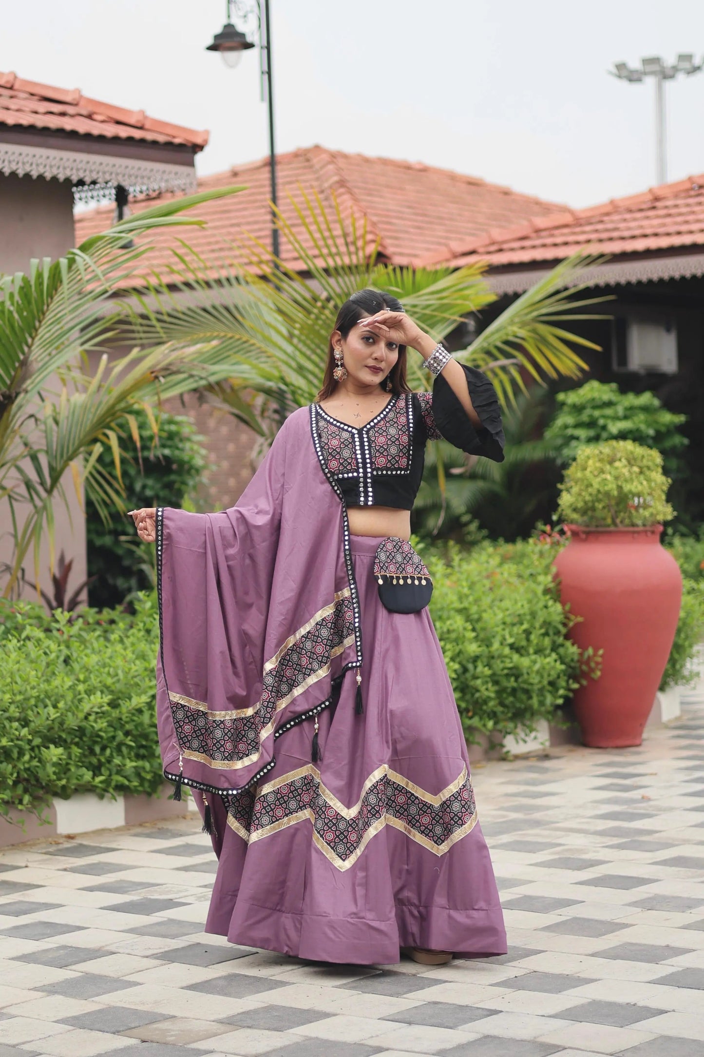 Pure Cotton Ajrakh Print with Mirror work Navratri Special Chaniya Choli (Ready to Wear) Ethenika.com
