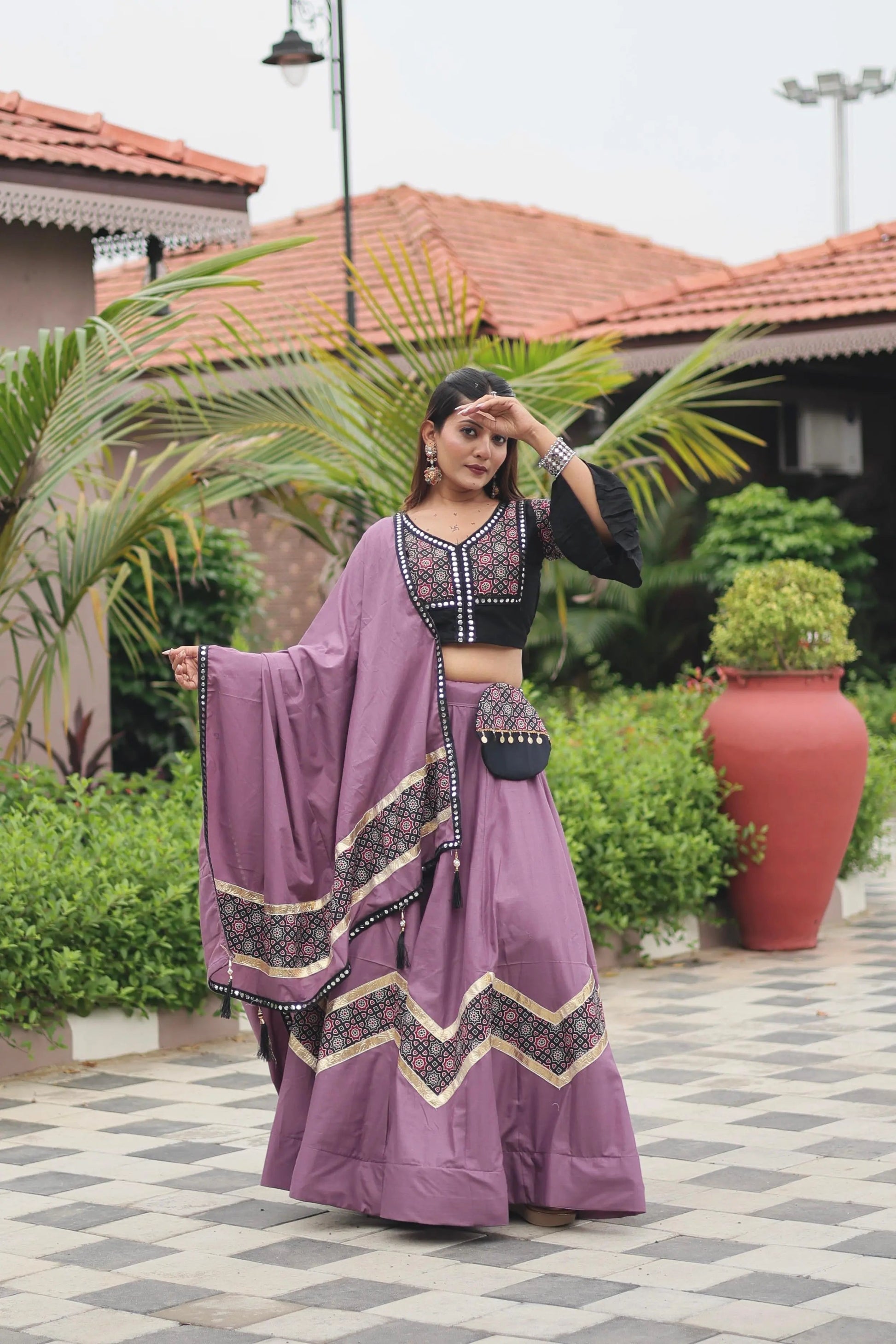 Pure Cotton Ajrakh Print with Mirror work Navratri Special Chaniya Choli (Ready to Wear) Ethenika.com