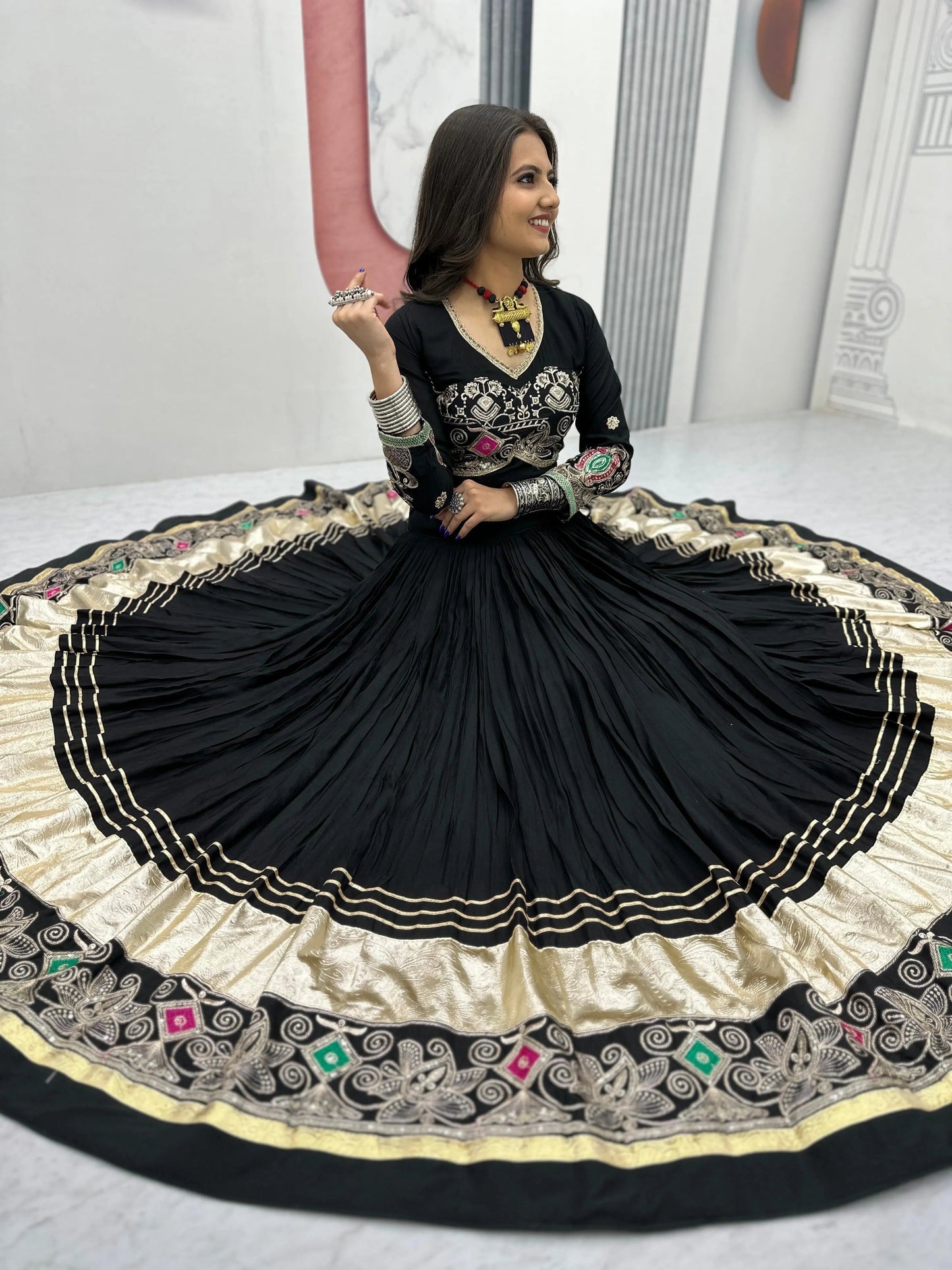 Pure Cotton Thread Embroidery Work 6M Flair work Navratri Special Designer Chaniya Choli (Ready To Wear) Ethenika.com