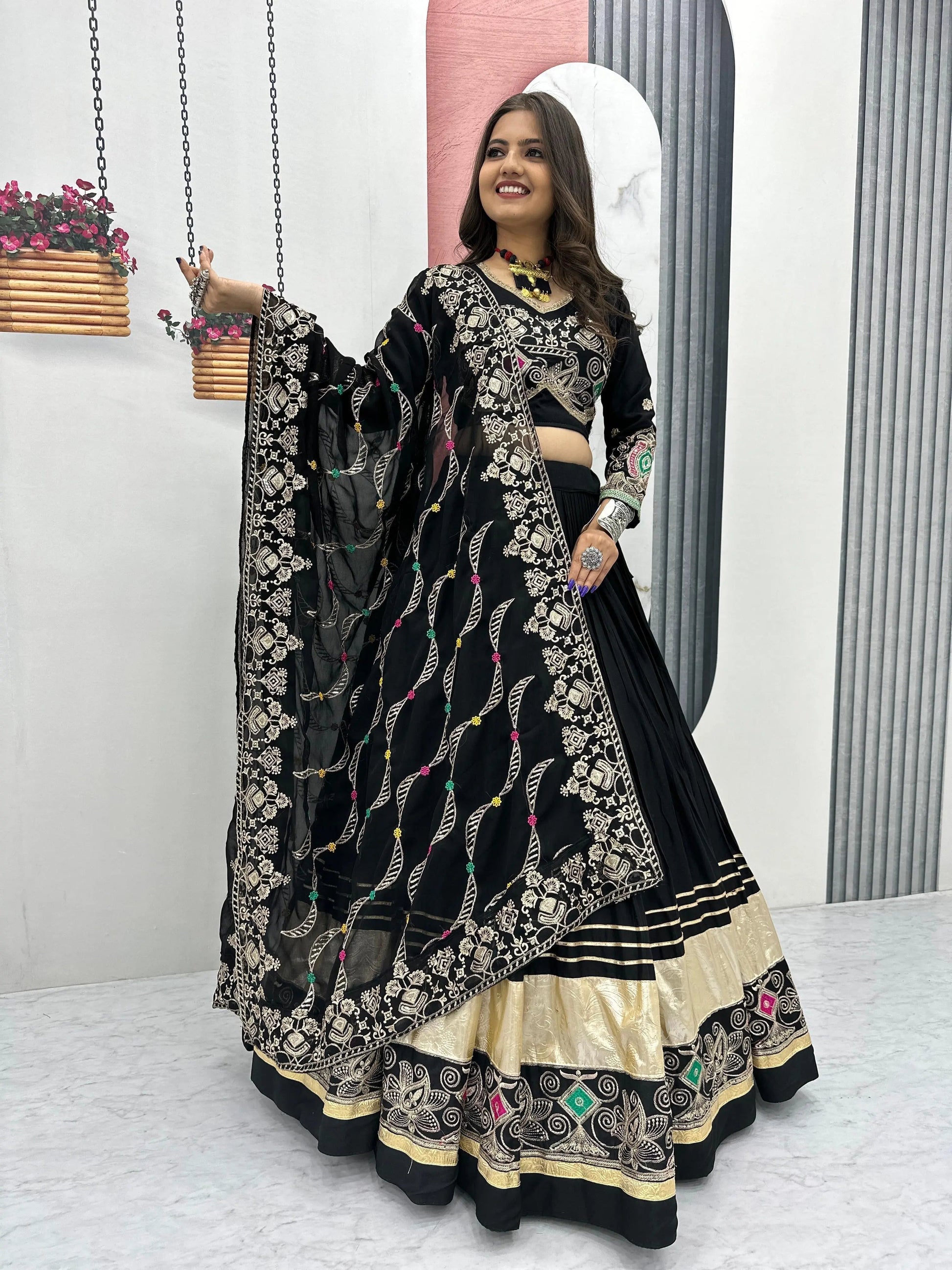 Pure Cotton Thread Embroidery Work 6M Flair work Navratri Special Designer Chaniya Choli (Ready To Wear) Ethenika.com