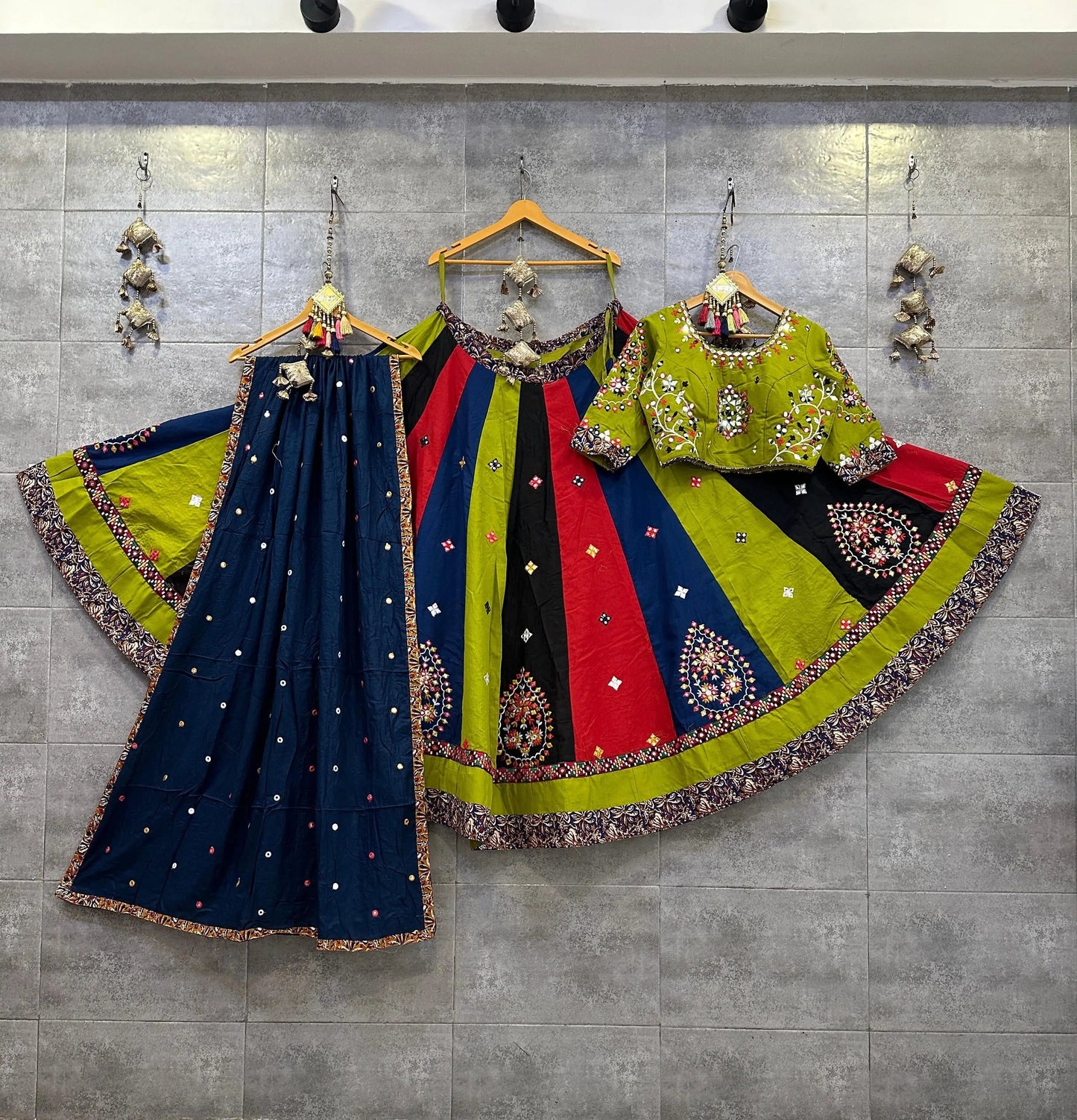 Pure Jaam Cotton Real Mirror Work Navratri Special 8M Flair Designer Chaniya Choli (Ready To Wear) Ethenika.com