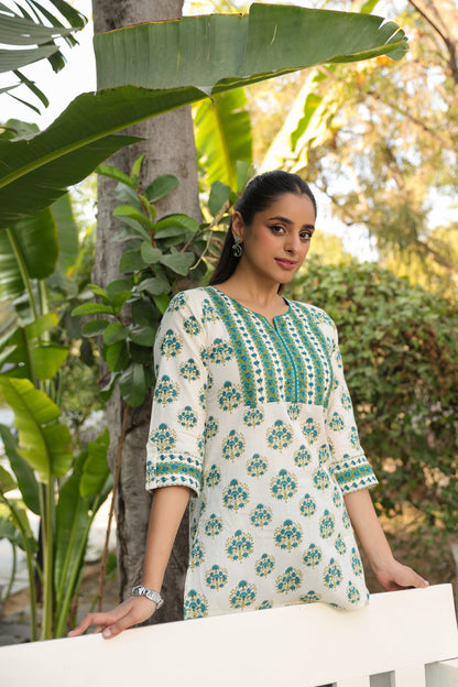 Pure cotton floral kurti with stylish notch neck design
