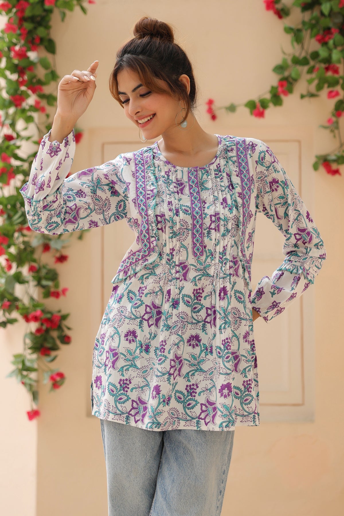Purple Cotton Top with Floral Design