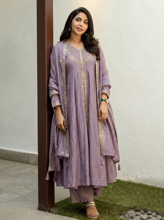 Lavender Silk Embroidered Anarkali Kurta With Dupatta Set for Women