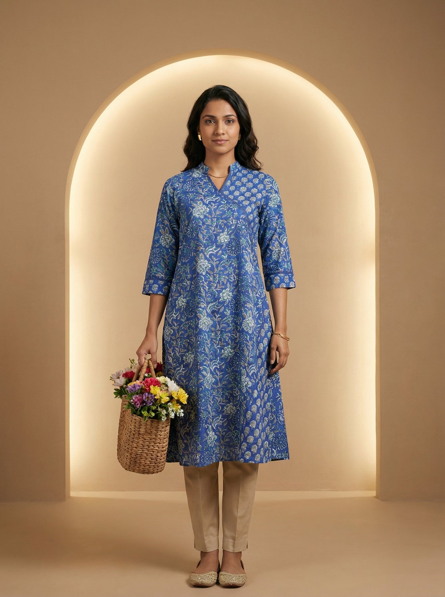 Blue Cotton Blooming Lace Kurta