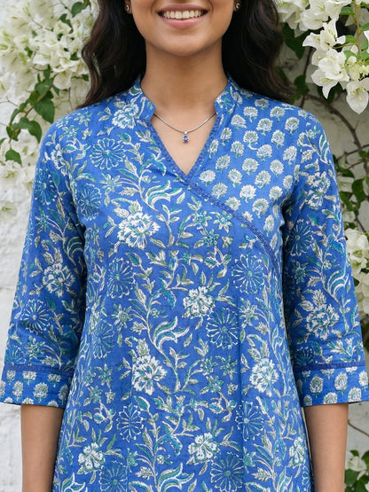Blue Cotton Blooming Lace Kurta
