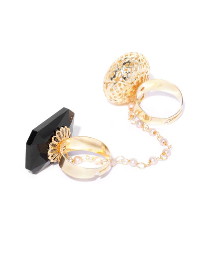 Modish Fit - Black Stone Studded Gold-Plated Pearl Chain Dual Finger Adjustable Ring