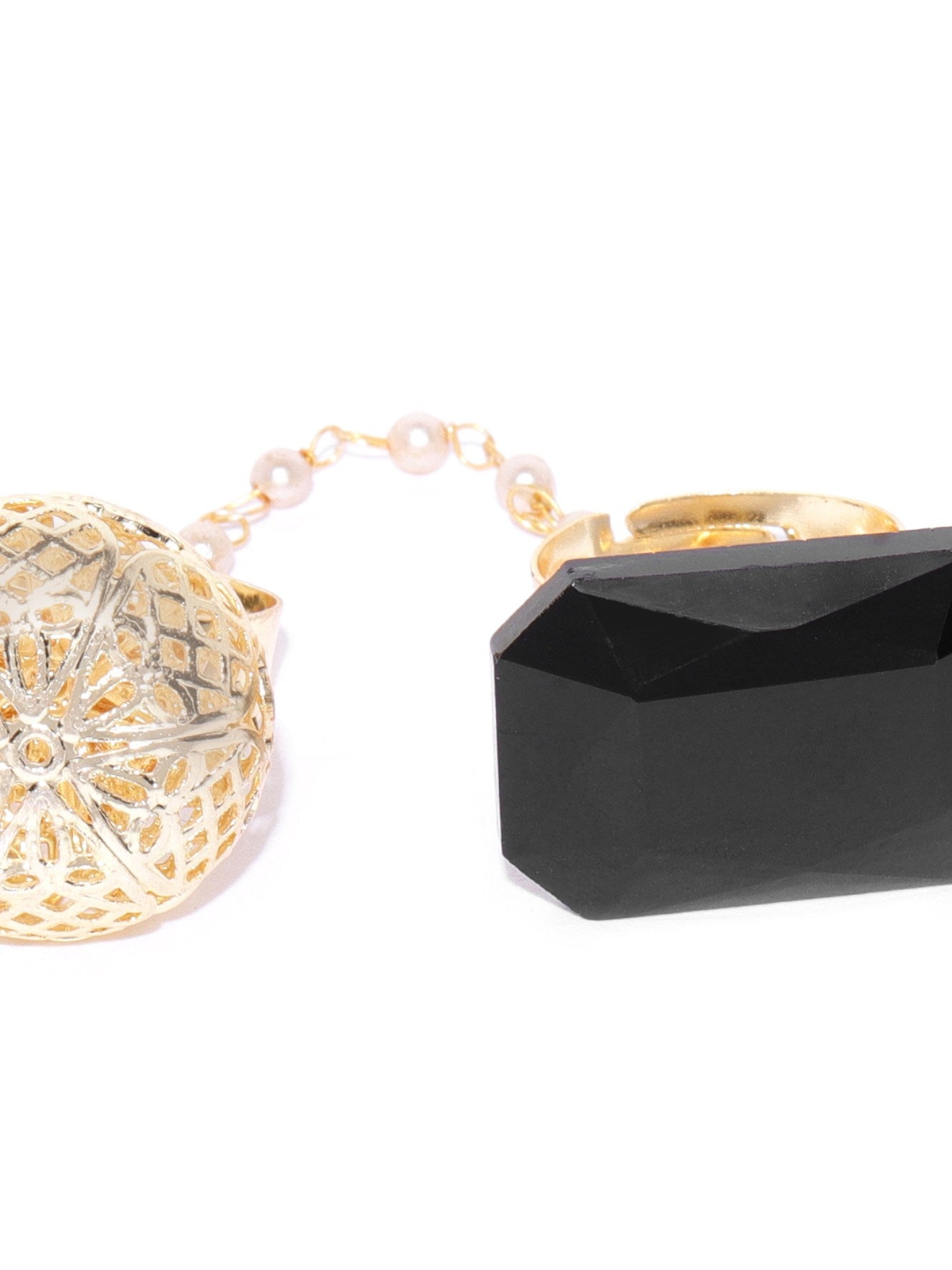Modish Fit - Black Stone Studded Gold-Plated Pearl Chain Dual Finger Adjustable Ring