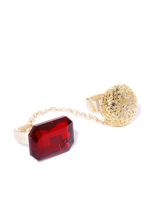 Gold-Plated And Red Stone-Studded Dual Finger Adjustable Ring with Pearls
