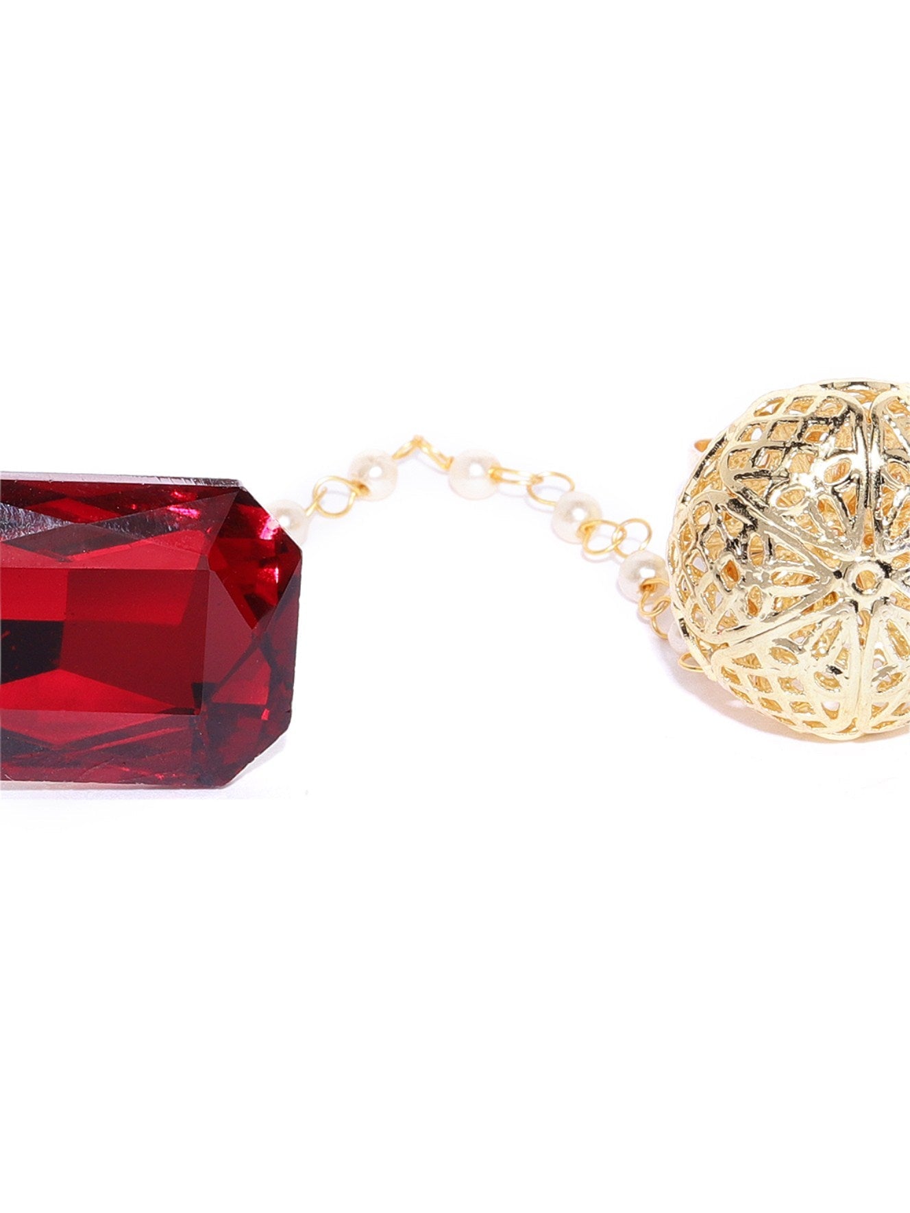 Gold-Plated And Red Stone-Studded Dual Finger Adjustable Ring with Pearls