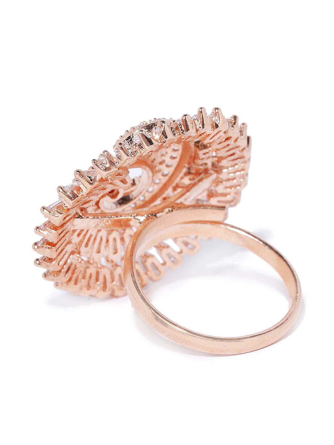 Bird Feathers-Rose Gold-Plated Peacock Inspired Adjustable Ring Studded with American Diamond