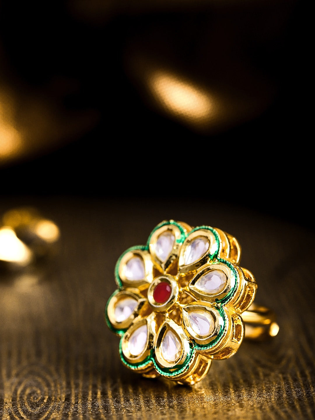 Gold-Plated Kundan Studded Adjustable Ring in Floral Pattern