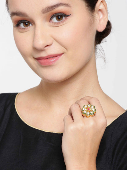 Gold-Plated Kundan Studded Adjustable Ring in Floral Pattern
