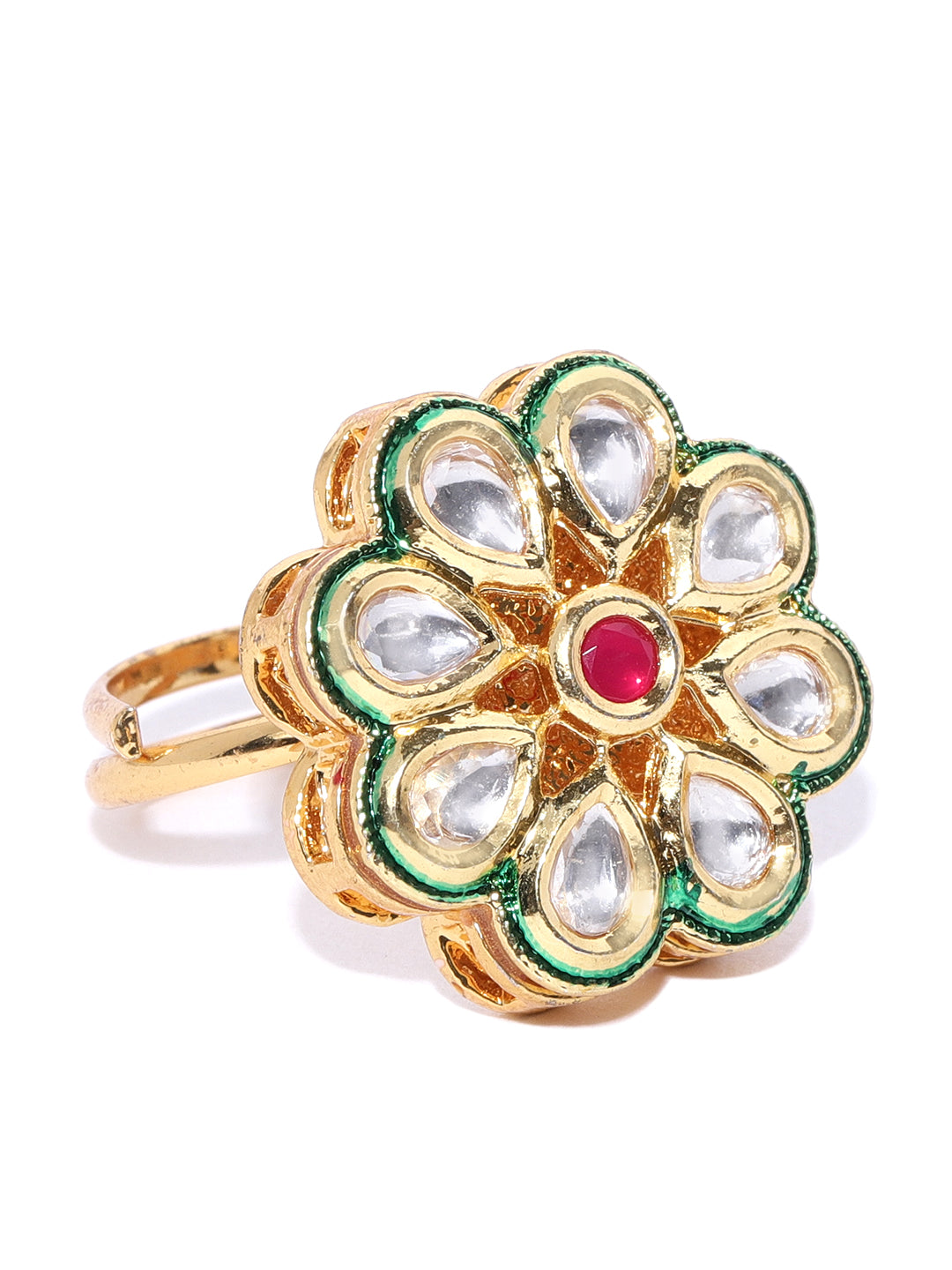 Gold-Plated Kundan Studded Adjustable Ring in Floral Pattern