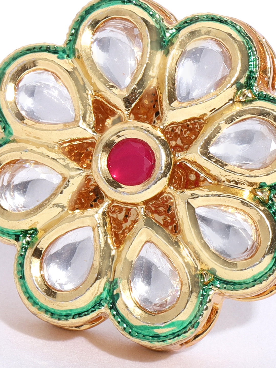 Gold-Plated Kundan Studded Adjustable Ring in Floral Pattern