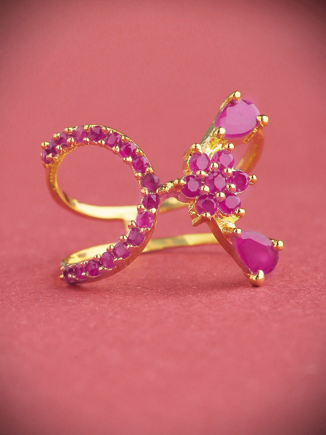 Gold-Plated Ruby Studded Floral Patterned Ring
