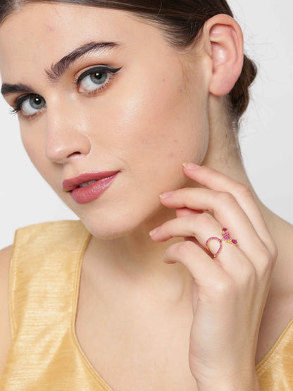 Gold-Plated Ruby Studded Floral Patterned Ring