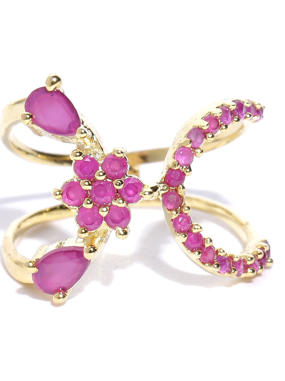 Gold-Plated Ruby Studded Floral Patterned Ring
