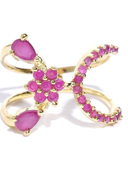 Gold-Plated Ruby Studded Floral Patterned Ring