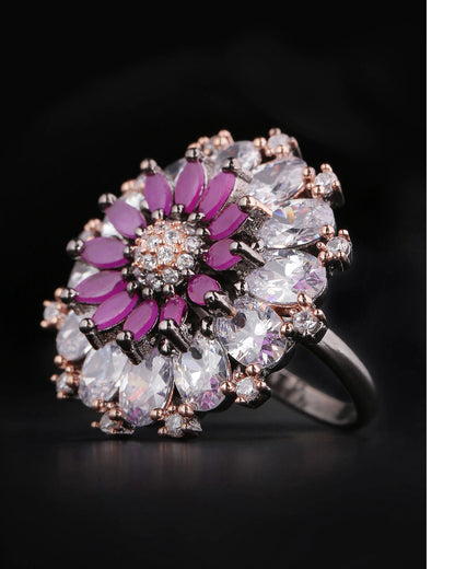 Purple Gunmetal-Plated American Diamond Studded Adjustable Ring in Floral Pattern