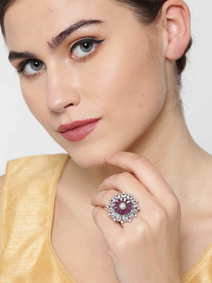 Purple Gunmetal-Plated American Diamond Studded Adjustable Ring in Floral Pattern