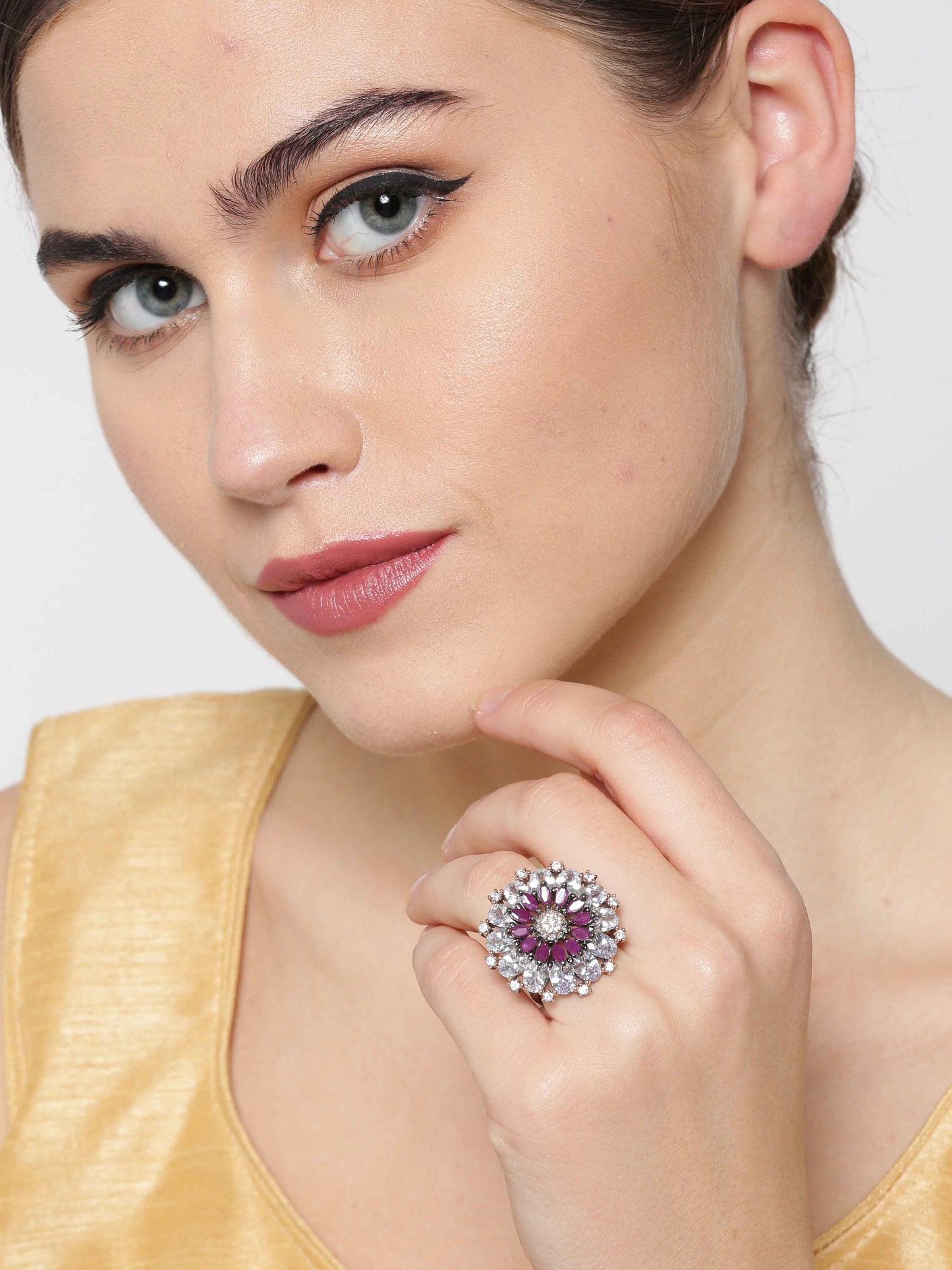 Purple Gunmetal-Plated American Diamond Studded Adjustable Ring in Floral Pattern