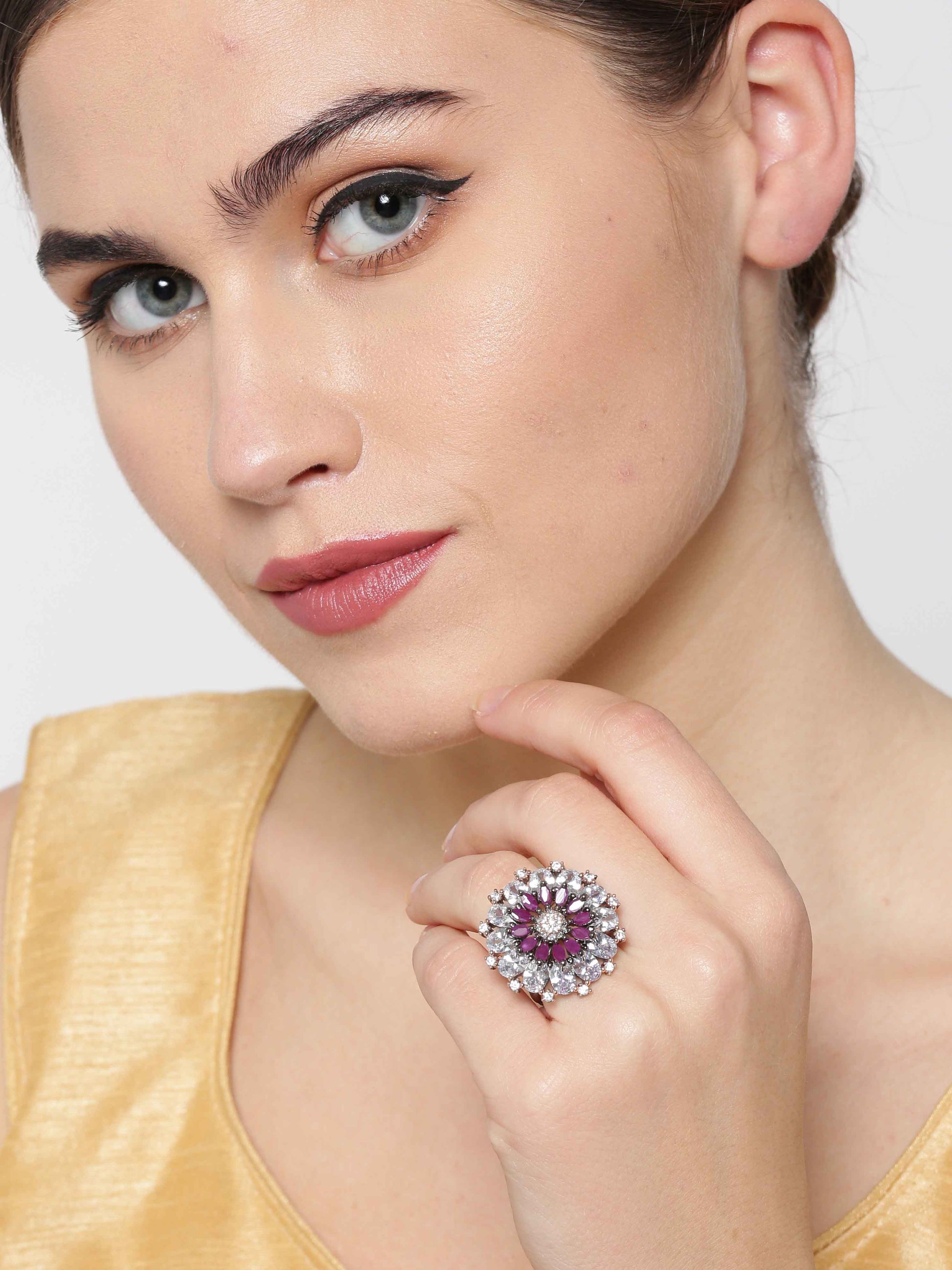 Purple Gunmetal-Plated American Diamond Studded Adjustable Ring in Floral Pattern