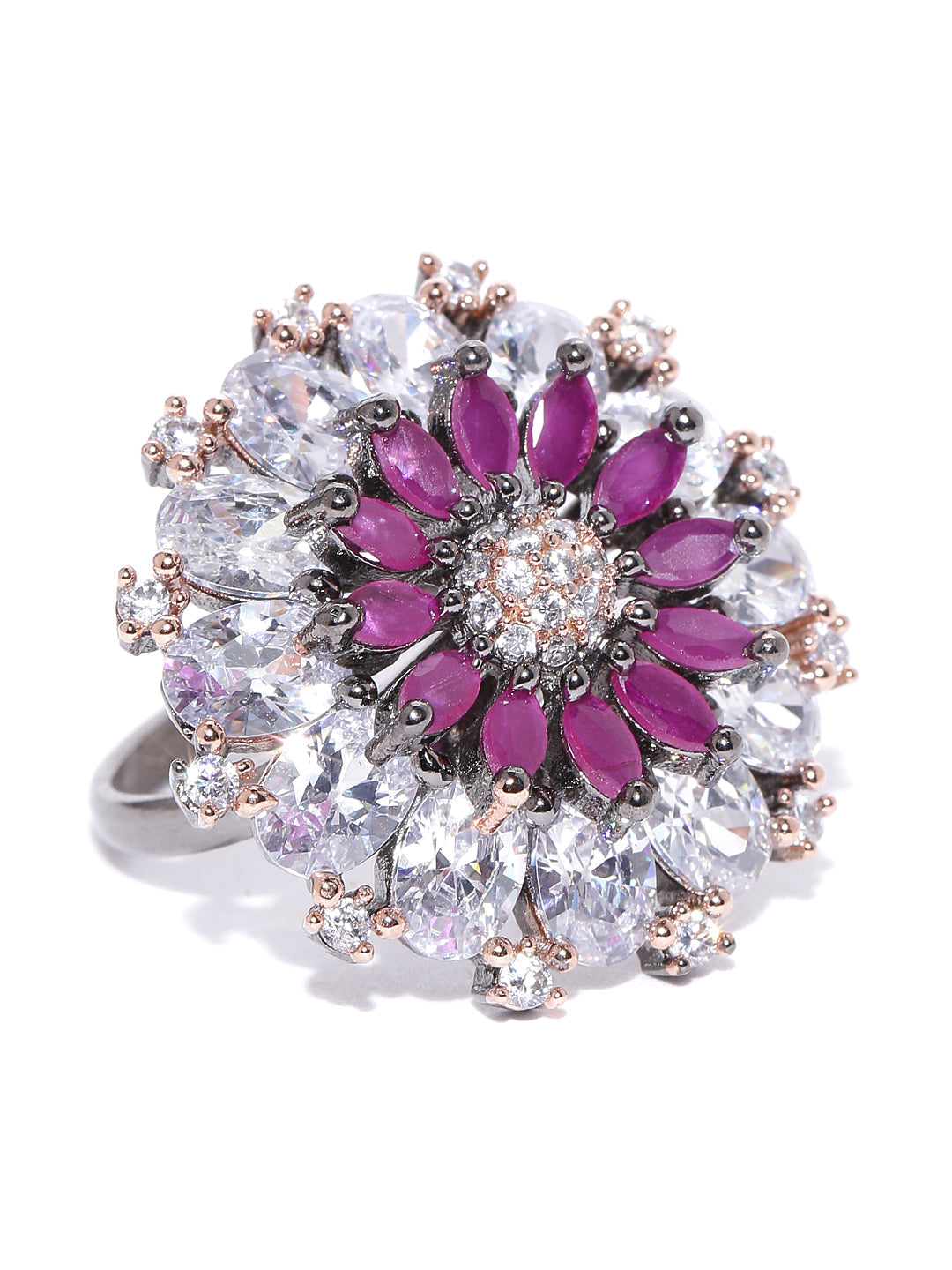 Purple Gunmetal-Plated American Diamond Studded Adjustable Ring in Floral Pattern