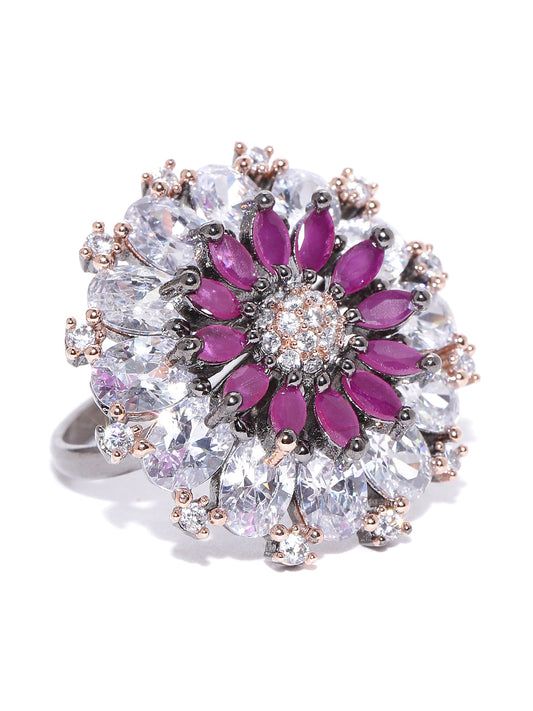 Purple Gunmetal-Plated American Diamond Studded Adjustable Ring in Floral Pattern