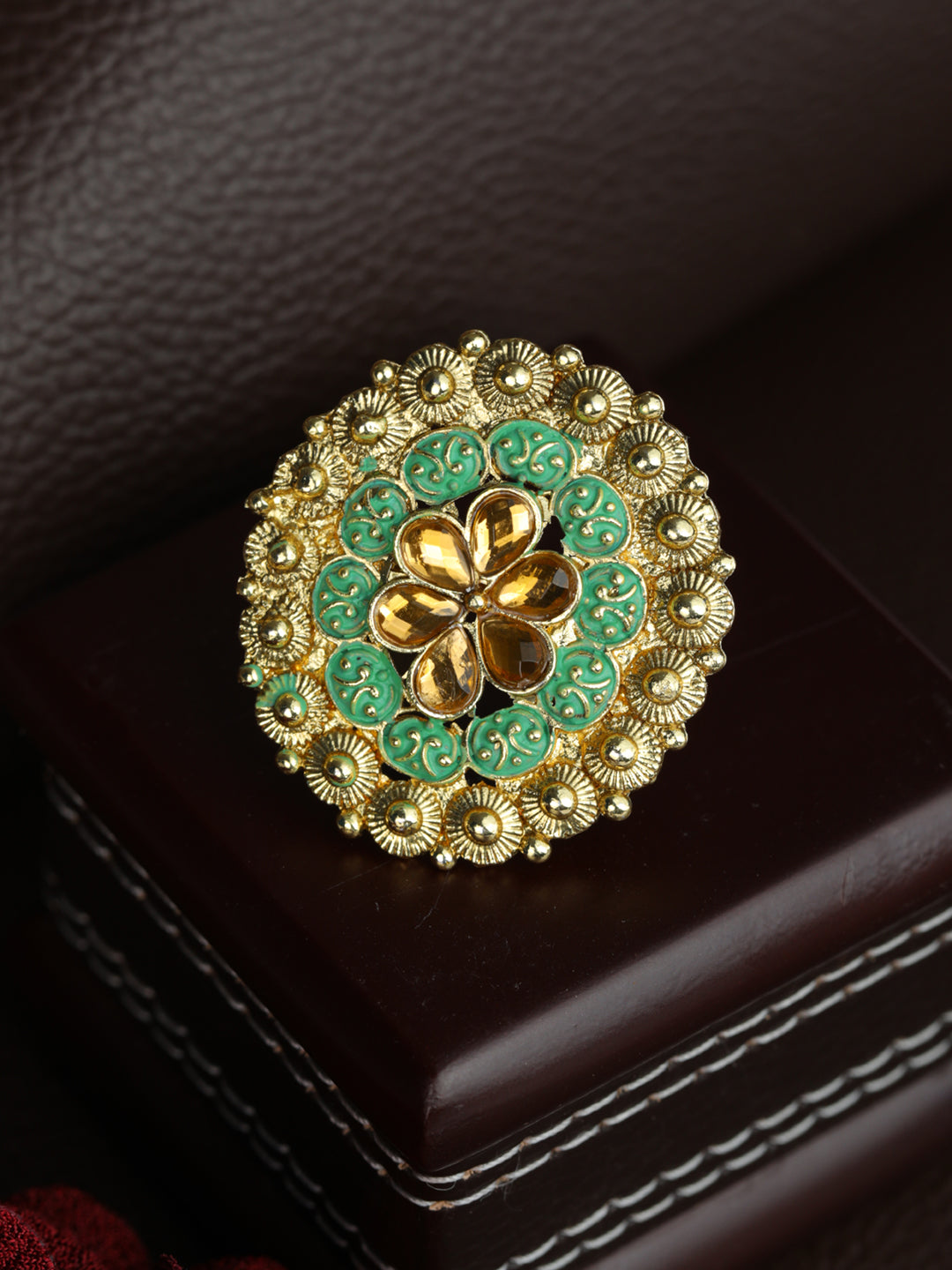 Priyaasi Gold Plated Green Meenakari Floral Ring