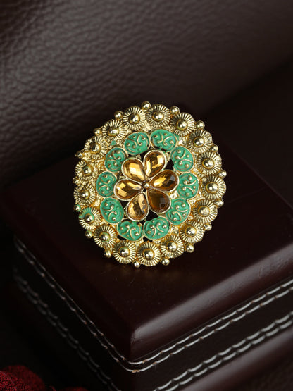 Priyaasi Gold Plated Green Meenakari Floral Ring