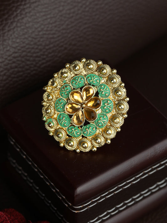 Priyaasi Gold Plated Green Meenakari Floral Ring