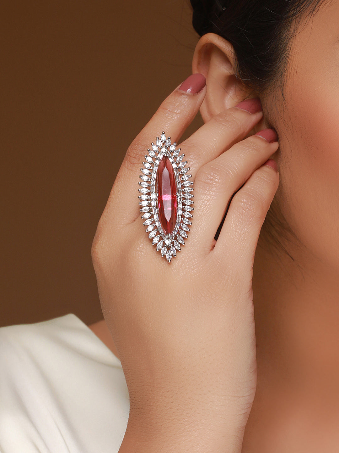 Pink American Diamond Silver-Plated Cocktail Ring