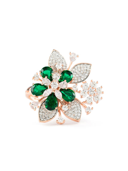 Stunning Green Floral Leaf AD Rose Gold-Plated Cocktail Ring