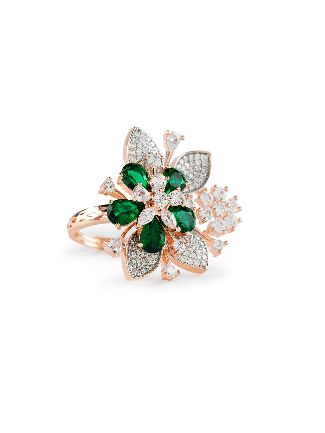 Stunning Green Floral Leaf AD Rose Gold-Plated Cocktail Ring