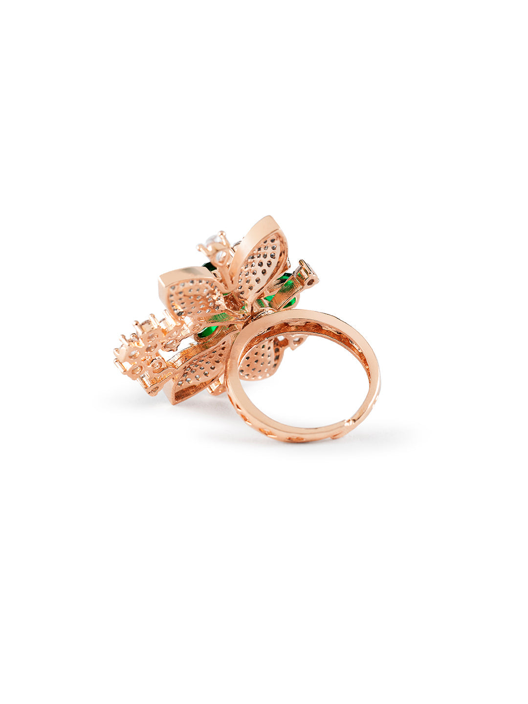 Stunning Green Floral Leaf AD Rose Gold-Plated Cocktail Ring