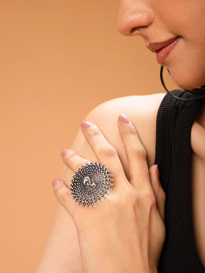 Priyaasi Oxidised Silver Plated Dancing Peacock Ring