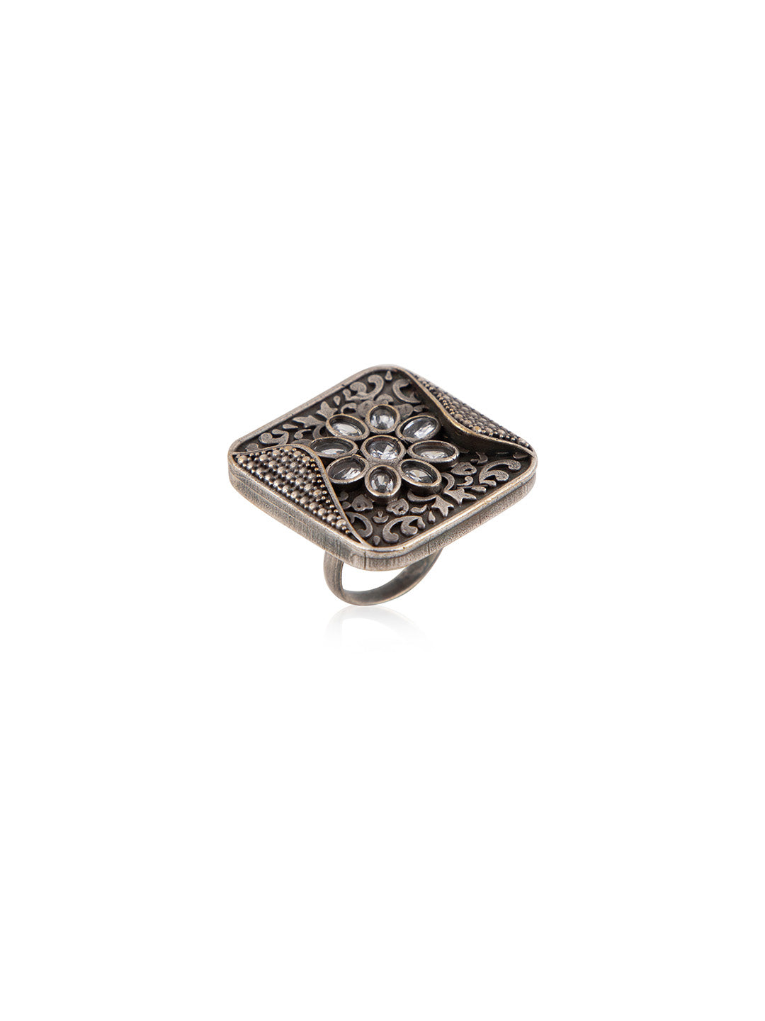 Priyaasi Antique Oxidised Silver Plated Floral Ring