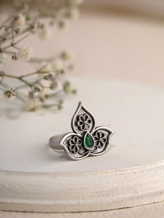 Priyaasi Flower Shape Green Stone Ring