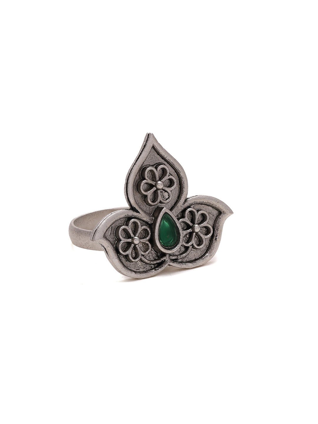 Priyaasi Flower Shape Green Stone Ring