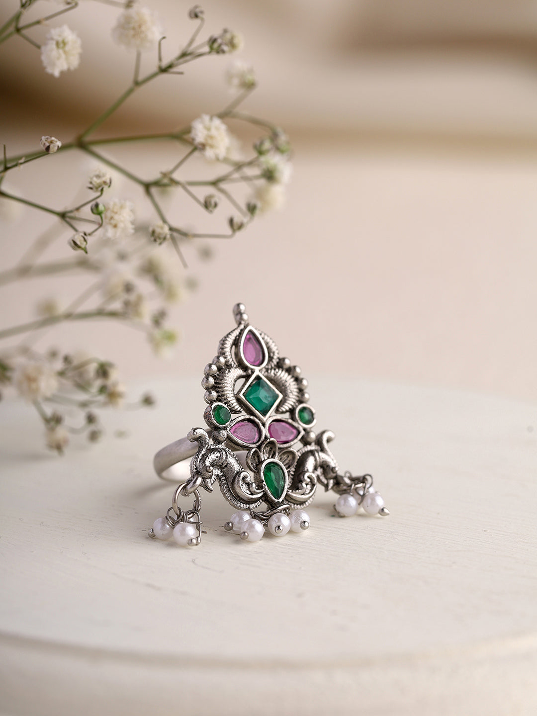 Priyaasi Oxidized Ruby and Green Stoned Ring