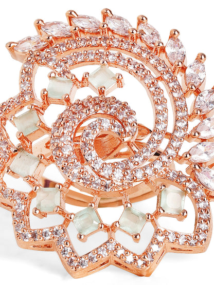 Mint Stoned American Diamond Peacock Style Rosegold Plated Ring