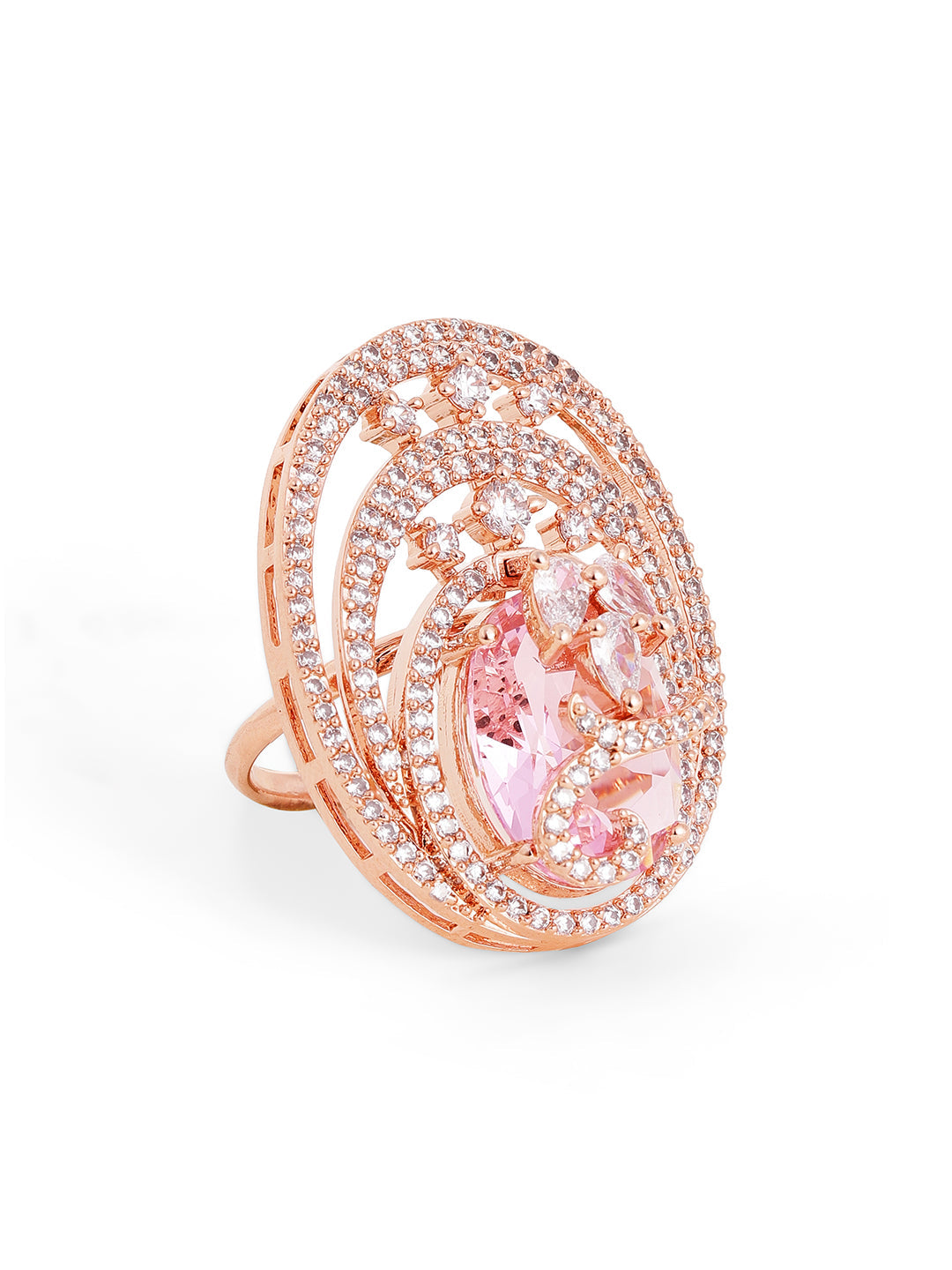 Floral Oval Shape Design Gold Plated American Diamond Ring