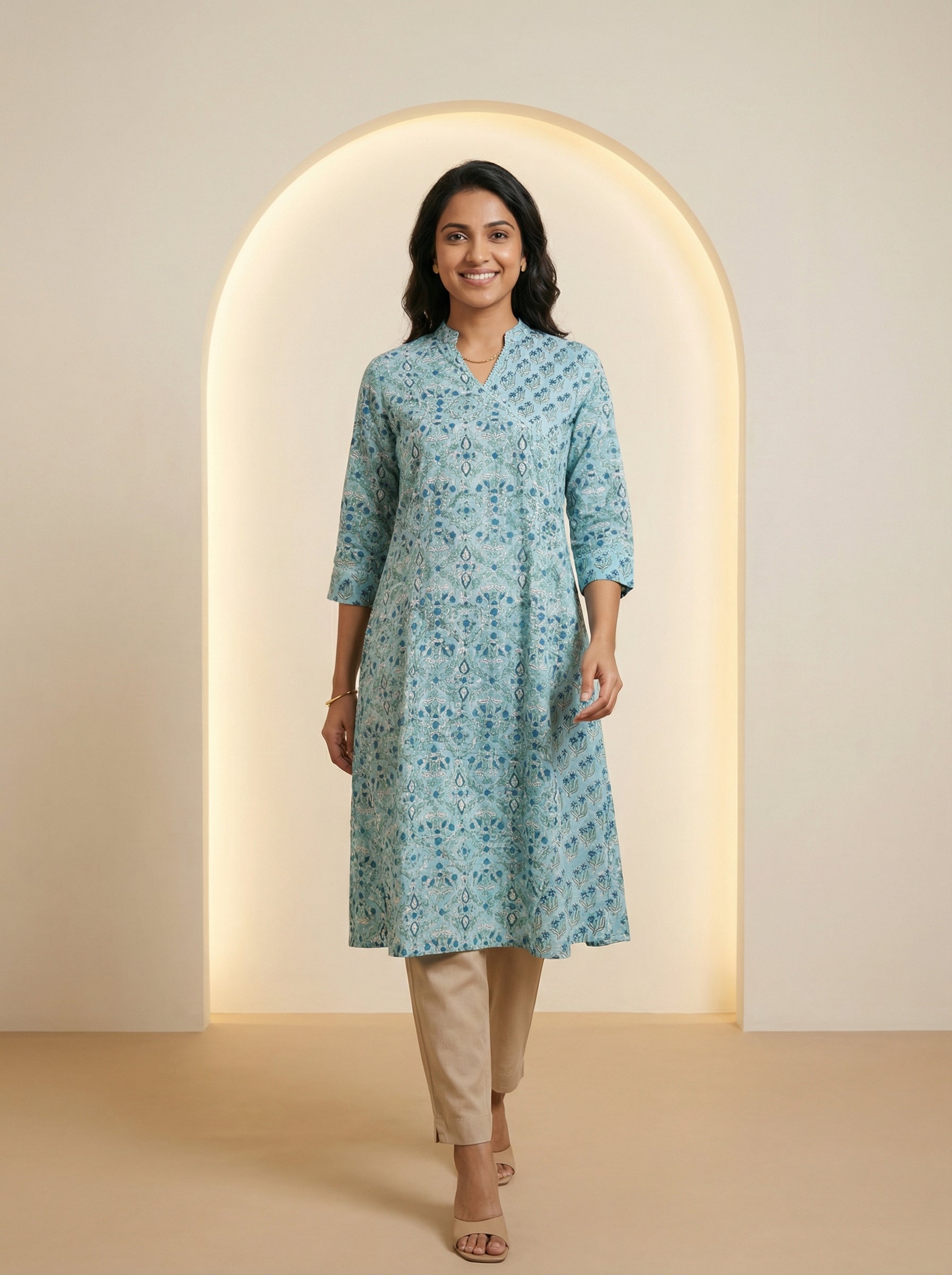 Sea Green Cotton Blooming Lace Kurta