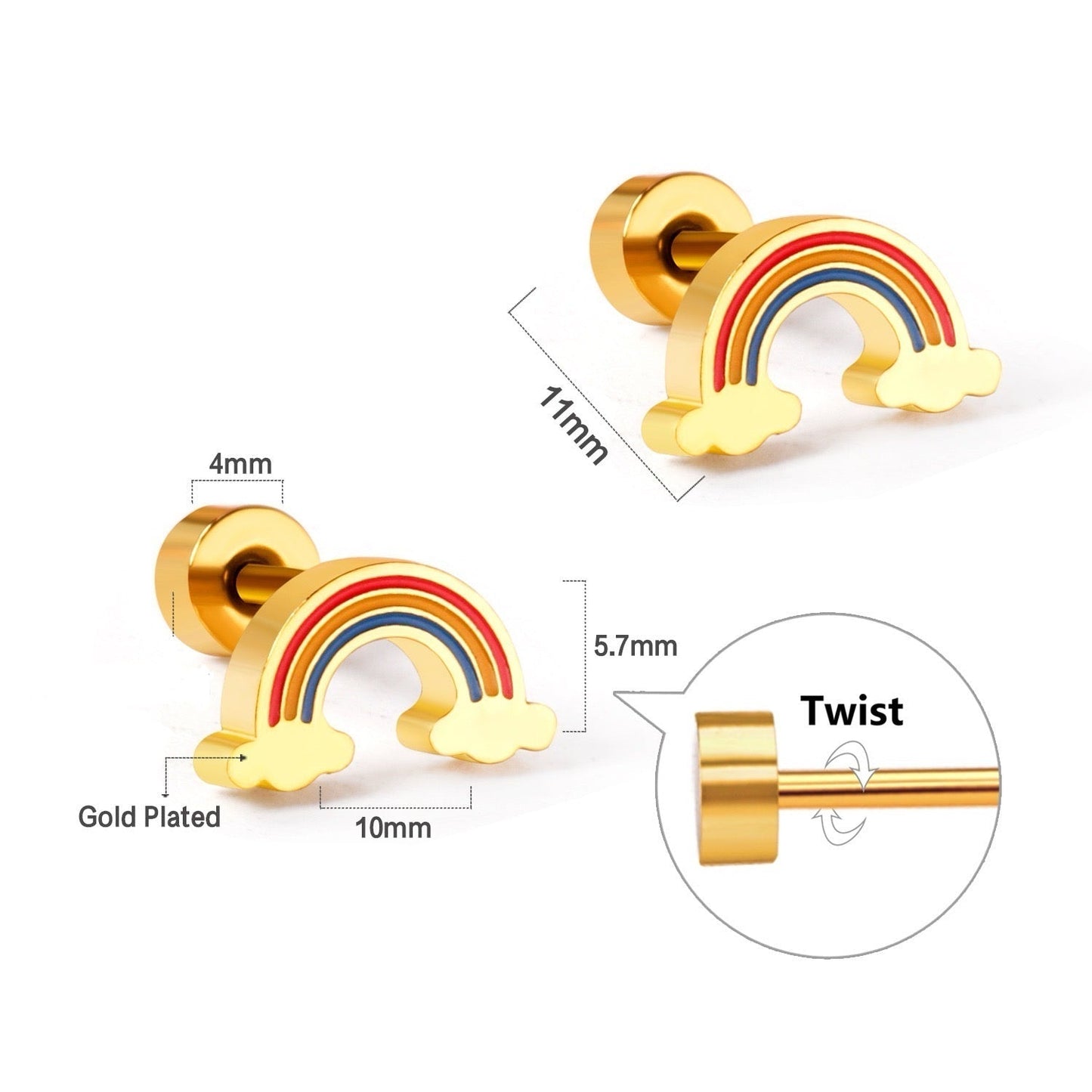 Rainbow Cloud 18K Gold Plated Children's Earrings - Twisty Locks  - Kids and Women Hair Accessories, Fashion Clothing and Jewellery India