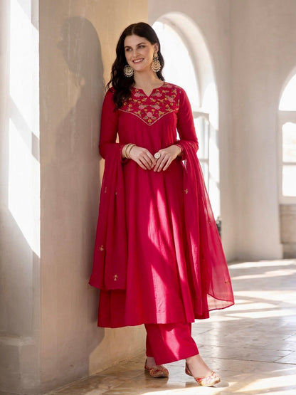 Rani Cotton Embroidered Anarkali Suit Set with Dupatta for Women