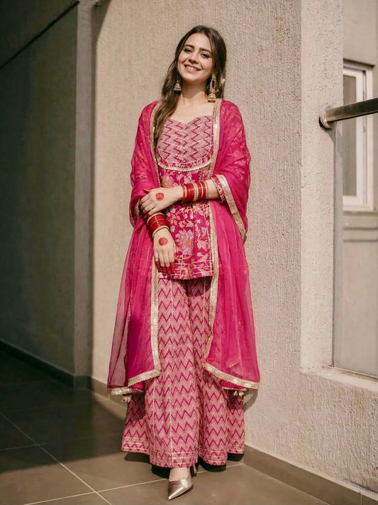 Rani Cotton Printed Kurta with  Palazzo & Dupatta Set for women